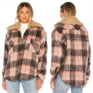 SMYTHE Faux Fur Collar Workwear Jacket in Buff Plaid